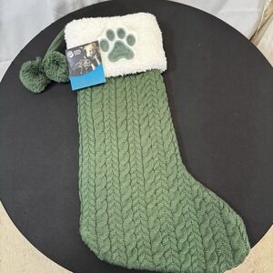 The Humane Society Green & White Paw Print Cable Knit Christmas Stocking 18" NWT